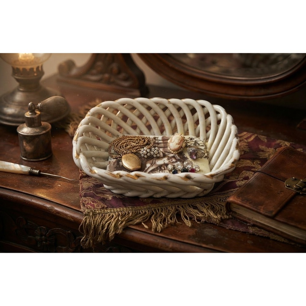 Antique Late 1800s Porcelain Reticulated Trinket Basket Cherub Putti Gilt Edge